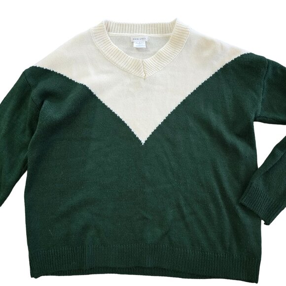 Main Strip Knit Sweater V-Pattern Green & Cream Cozy Pullover size medium - Picture 5 of 5